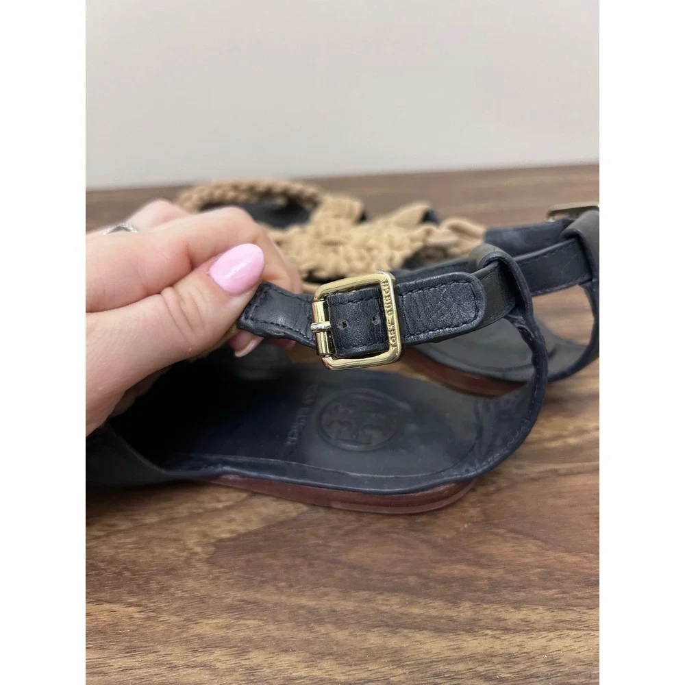 Tory Burch Black Leather Macrame Strap‎ Flat Sandals Women Size 7.5M